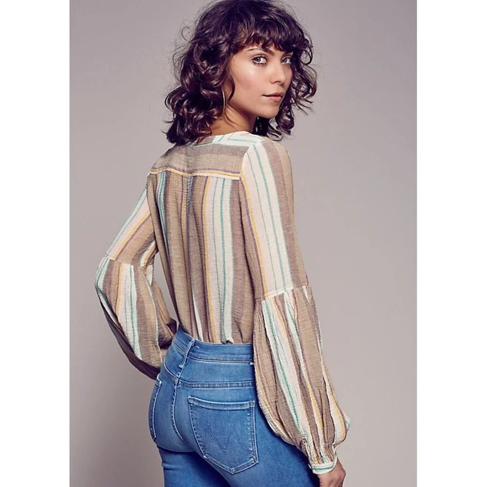FREE PEOPLE Size S Gauze Button Down Stripe Cotton Blouse Wide Pleated Sleeve